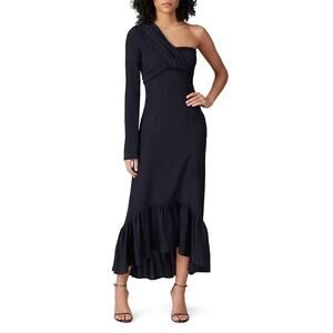 Rokh One Shoulder Knot Dress Women's 36 Navy Blue Crepe Midi Ruffle RTR